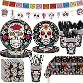 195Pcs Day of the Dead Party Supplies,Dia de Los Muertos Decorations,Skull Party Plates Napkins Cups Knives Forks Spoons Party Decoration for Mexican Fiesta Halloween Birthday Party