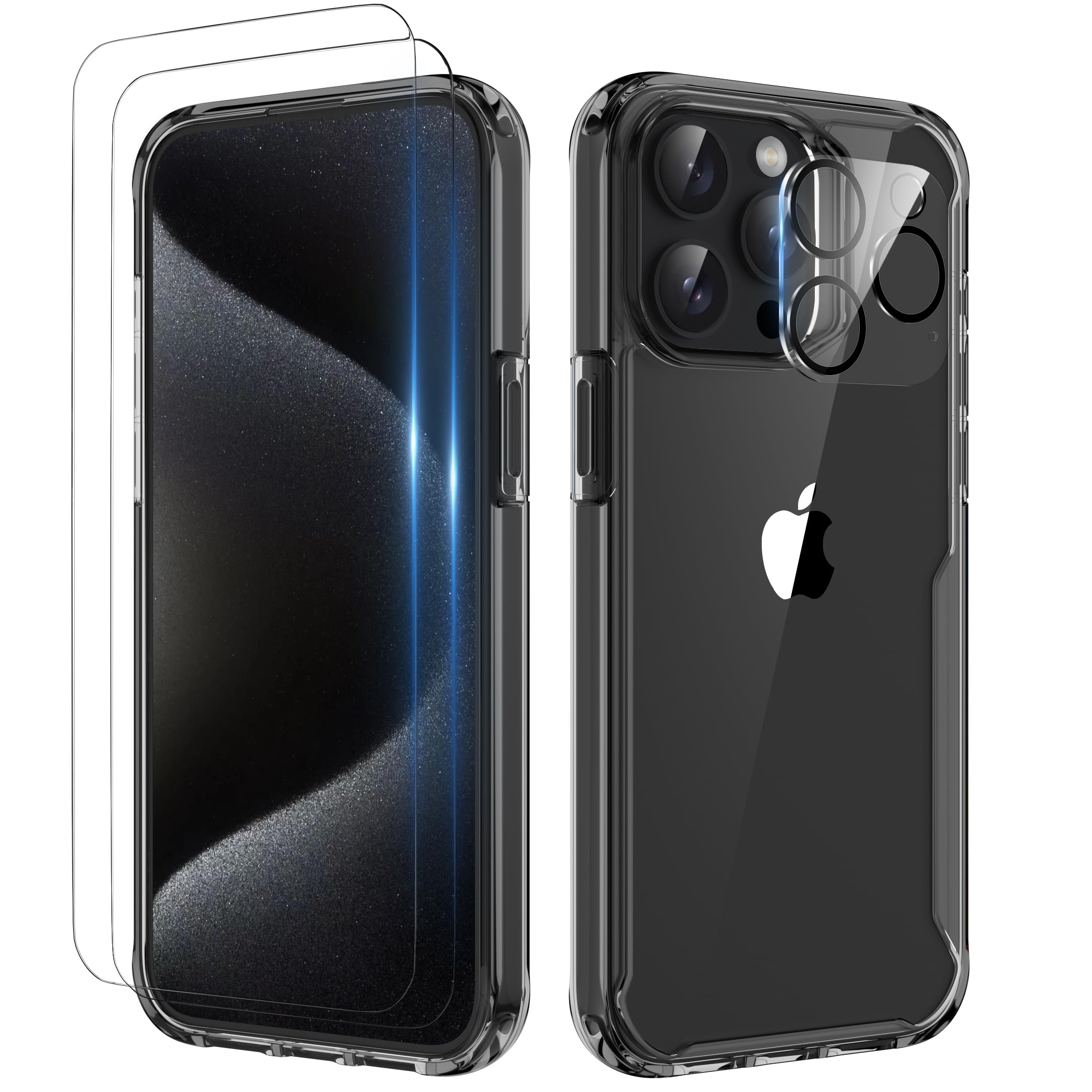 ORETECH Compatible with iPhone 15 Pro Max Case, with[ 2 x 9H Tempered Glass Screen Protector & Camera Lens Protector] Shockproof Ultra Slim Transparent Non-Slip Bumper TPU PC Hybrid Phone Case - Black