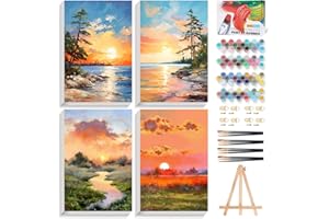 FOUNTOR 4 Pack Framed Paint by Numbers Kit for Adults Beginners with Wooden Easel, DIY Sunrise and Sunset Landscape Paint by Number Kit with Frame, Easy Painting by Numbers for Home Wall Decor, 8x12 inch