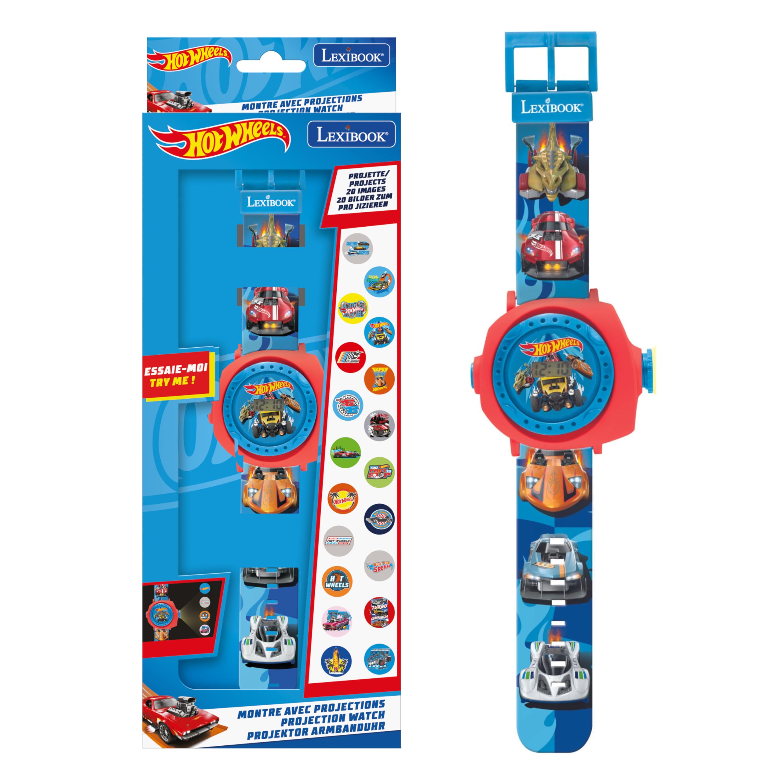 LEXIBOOK, Hot Wheels, Adjustable Projection Watch with Digital Screen, 20 Hot Wheels Images, for Children, Blue, DMW050HW