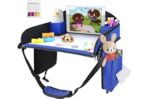 UTOLOVE Kids Travel Tray, Kids Travel Trays for Car Seat, Road Trip Essentials for Toddler, Carseat Lap Tray with Dry Erase Board & Storage Organizer for Road Trip Activities for Kid, Blue