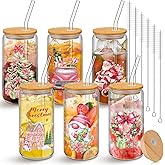 Uiifan 6 Pcs Christmas Glass Cups 16 oz Christmas Drinking Glasses with Lids Brush and Straws Pink Christmas Iced Coffee Cups Christmas Appreciation Gifts for Xmas Birthday Women Kids Party Favor