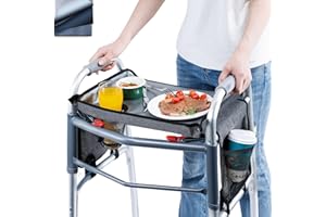 BAGSFY Walker Tray with Cup Holder & Side Pocket – Hard Top Walker Table for Seniors – Folding Walker Accessory for Meals, Reading, Drinks – Non-Slip Surface, Tool-Free Install, Universal Fit