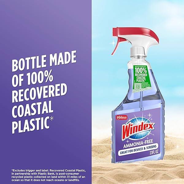 WINDEX GLASS AND WINDOW CLEANER SPRAY BOTTLE, AMMONIA FREE, PACKAGING DESIGNED TO PREVENT LEAKAGE AND BREAKING, SURFACE CLEANING SPRAY, CRYSTAL RAIN SCENT, 23 FL OZ