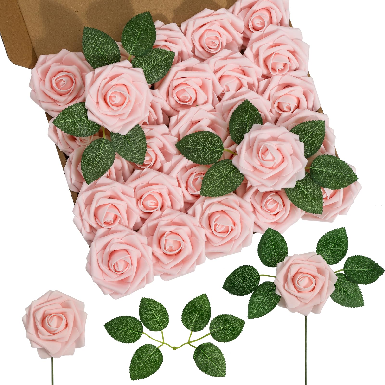 DuHouse 25Pcs Artificial Roses Flowers Fake Rose with Stems Real Touch Foam Flower Head for DIY Wedding Bridal Bouquet Baby Shower Centerpiece Floral Arrangement Party Home Decor(Blush)