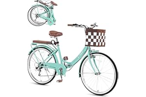 SAHISTCT 24/26 Inch Folding Beach Cruiser Bike for Women,7 Speed Hybird Commute Bicycles,Womens Bicycle with Basket for Adults, Dual V-Brake and Adjustable Seat