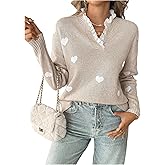 GORGLITTER Women's Heart Knitted Cozy Sweater Lace Trim Long Sleeve V Neck Cute Valentines Fall Trendy Pullover Top