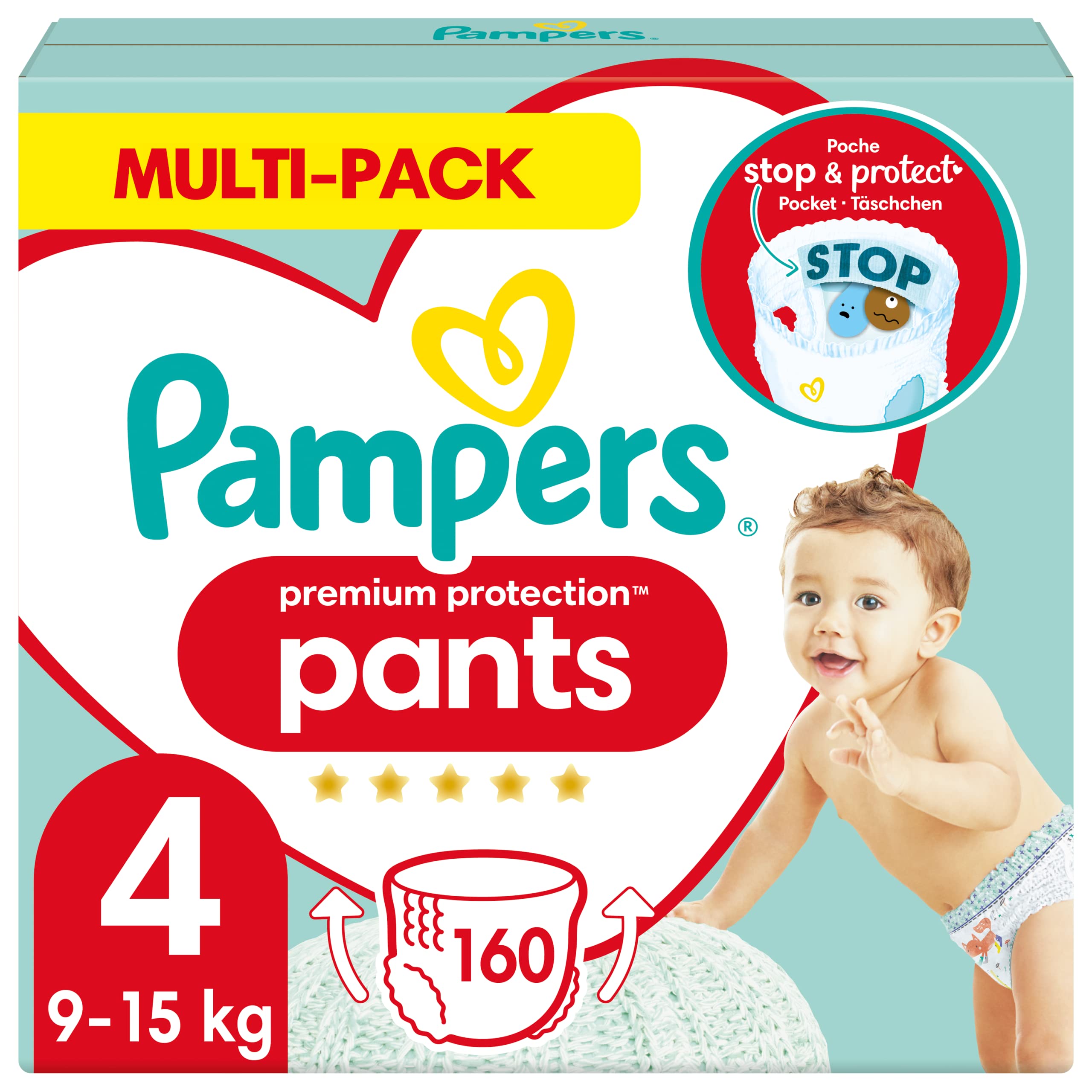 Pampers Active Fit 160 Nappy Pants, Gentle Touch On Skin In Easy-On Nappy Pants, Size 4, 9-15 kg, Monthly Pack