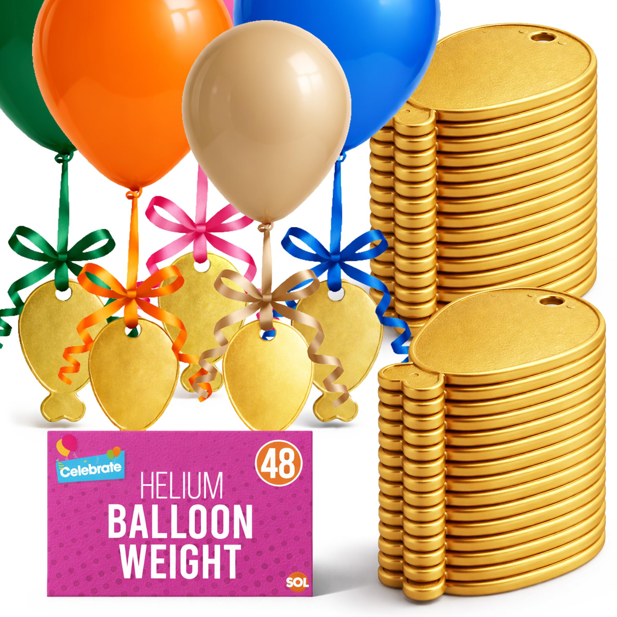 SOL 48pk Helium Balloon Weights - Gold Plastic Party Accessories - Perfect for Securing Balloons at Birthdays, Weddings, New Year - Heavy Duty 205g Weights for Decorations and Large Celebrations