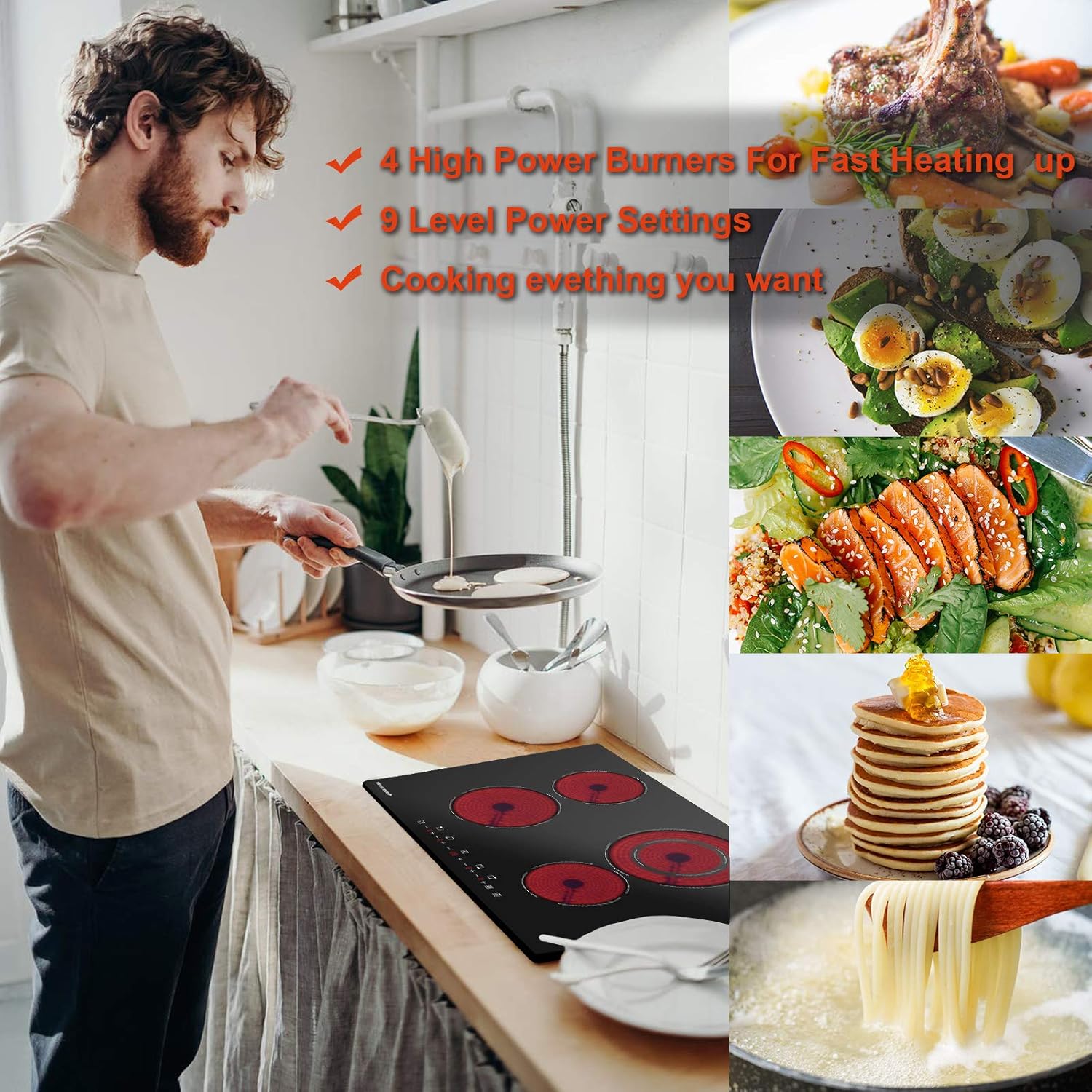 Electric Cooktop 30 Inch，Built-in Ceramic Cooktop 6400W， Electric Stove with 4 Burners 220-240V， 9 Heating Level， Kid Safety Lock， Sensor Touch Control，Hard Wired: Appliances