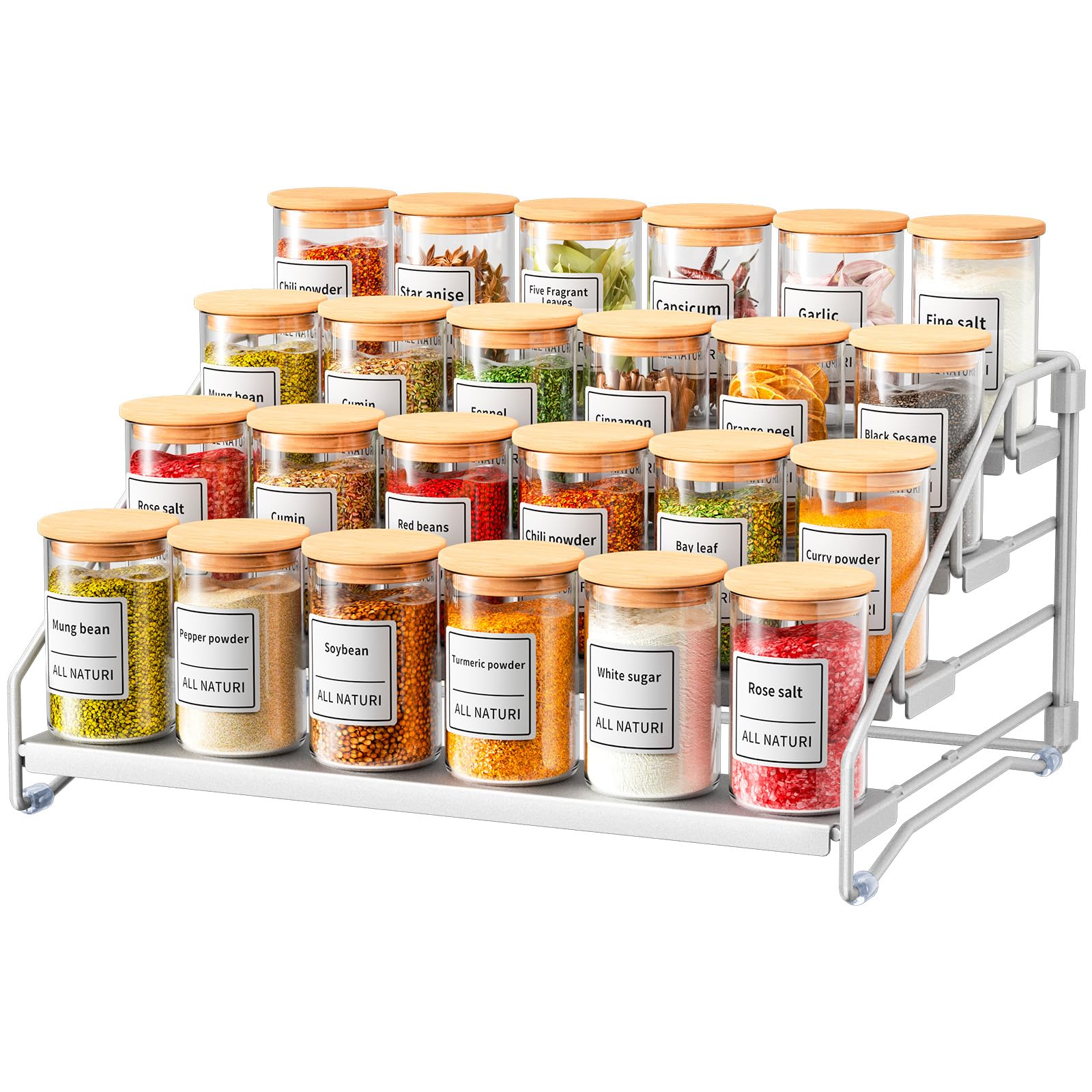 Photo 1 of RCHYFEED 4 Tier Spice Rack Organizer, Spice Organization for Cabinet,Pantry, Countertop,Tiered Spice Rack Easy Visibility,Depth Expandable Seasoning Shelf for Kitchen Cabinet Organizer,Silver