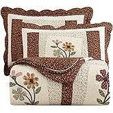 vctops 2 Piece Embroidered Floral Quilted Bedspread Quilt Set 100% Cotton Reversible Patchwork Coverlet Set 1 Quilt and 1 Pillow Sham (Coffee,Twin)