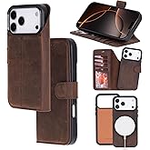 Bayelon Wallet Case for iPhone 17 Pro Max | 6.9", Full Grain Leather Wallet Case, Detachable Magnetic Flip Cover, Card Holder, MagSafe Compatible, RFID, Genuine Leather Phone Case (Coffee Brown)