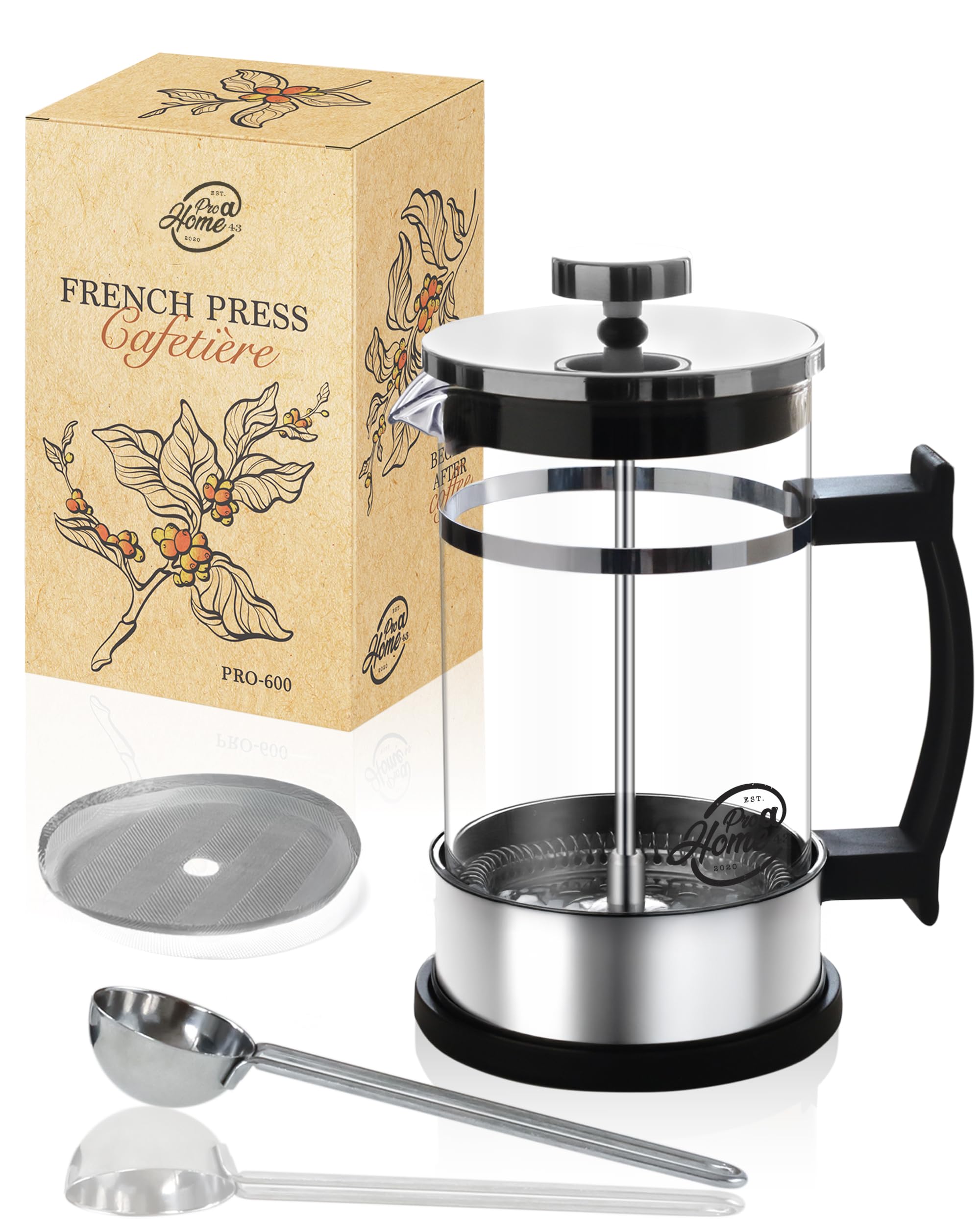 Pro@Home43 French Press Coffee & Tee Maker 0.6L for 4 Cups (0.35L also available) Heat Resistant Borosilicate Glass Coffee Press 600ml including Stainless Steel dosing Spoon, delivered in giftbox