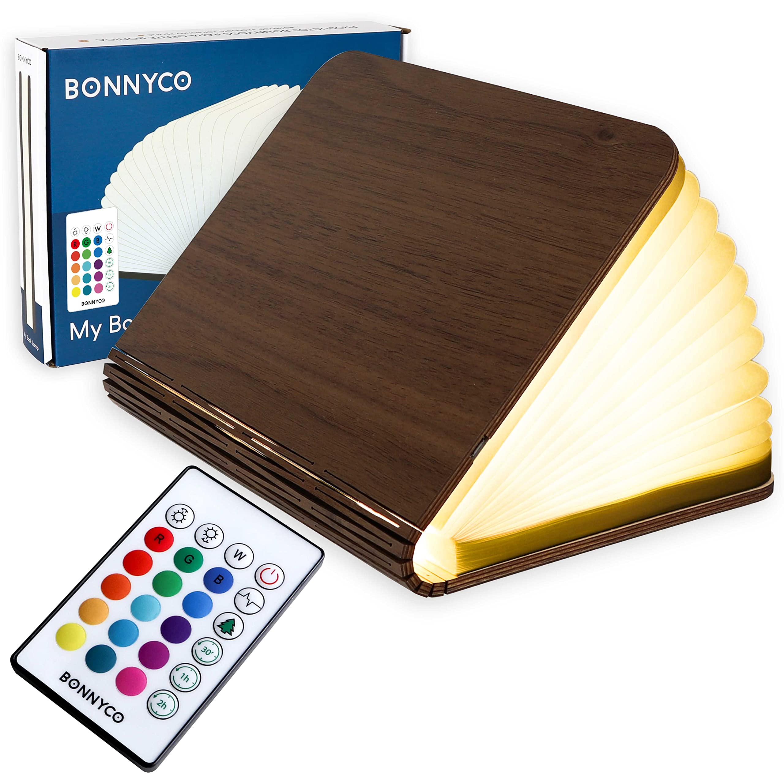 BONNYCO Led Book Light Wooden Folding Lamp with Remote Control, 16 Colours and Timer. Table Book Lamp Night Light Perfect for Home, Office, Room Decor. Christmas, Birthday Gifts for Women and Men