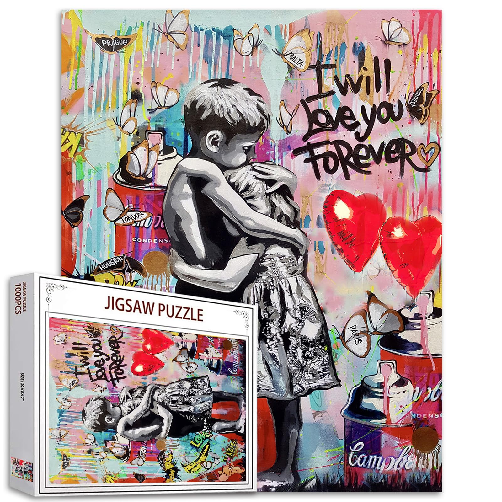 Banksy Graffiti 1000 Pieces Little Boy and Girl Street Paintings Puzzles for Adults Modern Portraits Jigsaw Puzzle for Challenging Family Activity Games Pop Jigsaw Puzzles for Decorative Gifts — image 1