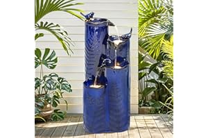 Autodaya 32" H Ceramic Outdoor Water Fountain with LED Lights, 4-Tier Vase Outdoor Fountain, Cobalt Blue Glaze, Embossed Fern Pattern, Cascading Waterfall for Tranquil Garden, Patio, or Porch