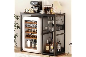 Homieasy Mini Fridge Stand Organizer with Power Outlet, Industrial Microwave Stand with Storage Shelving Unit, Space Saving Over Fridge Storage Cabinet for Home Kitchen Dorm, Black