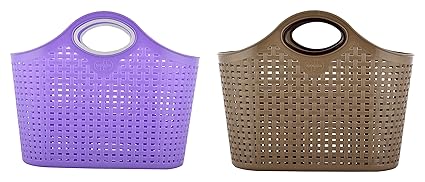 Nakoda Plastic Hand-Powered Storage Basket (7 cm x 11 cm x 7 cm, Brown and Blue, Pack of 2)