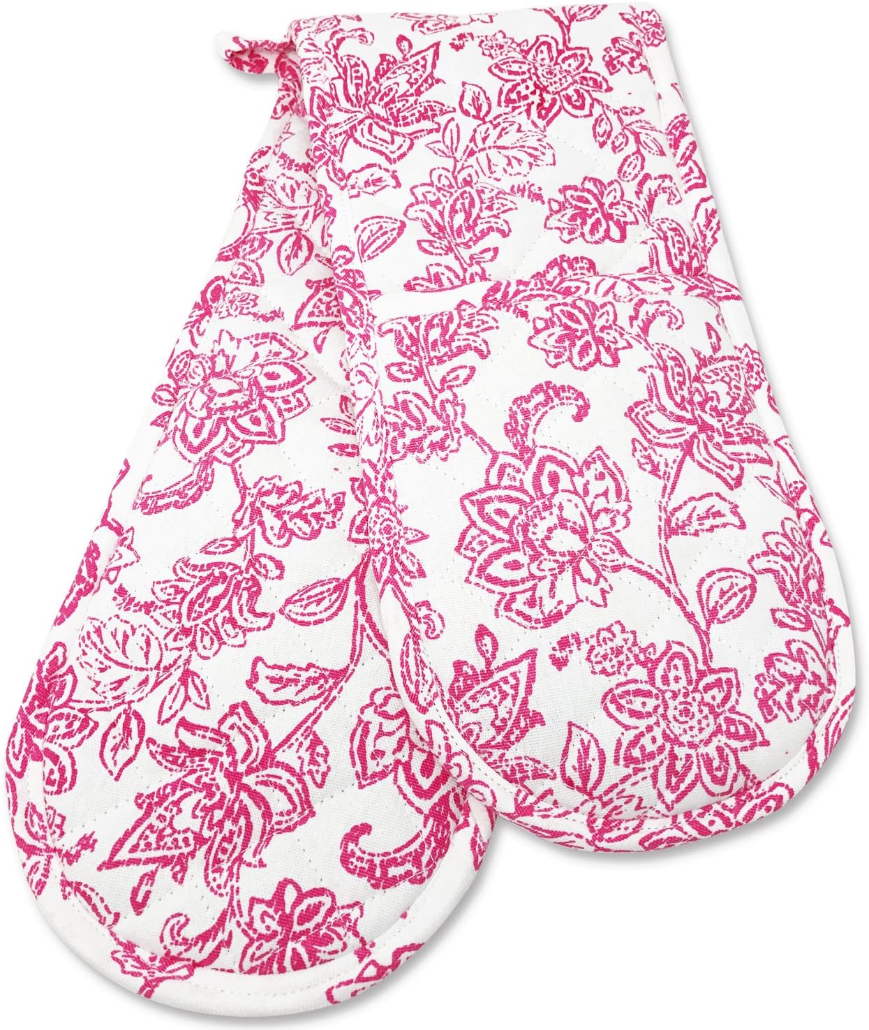 KreativeKitchenry Double Oven Mitts Gloves | Extra Long & Thick, Heat Resistant | Quilted Oven Gloves | 100% Cotton | Ideal for Oven Needs | Pretty Pink Floral Pattern