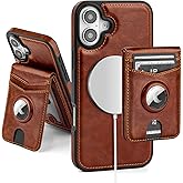 SkyEagle Compatible with MagSafe iPhone 17 Case Wallet with AirTag Holder,2 in 1 PU Leather Magnetic Detachable RFID Blocking Credit Card Holder Flip Cover Kickstand for Men Women,Brown