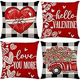 ONFAON Valentines Day Decorations-Valentines Day Pillow Covers 18x18 Set of 4,Red Buffalo Check Valentine's Day Love Heart Throw Pillow Covers Holiday Farmhouse Anniversary Wedding Home Sofa Couch