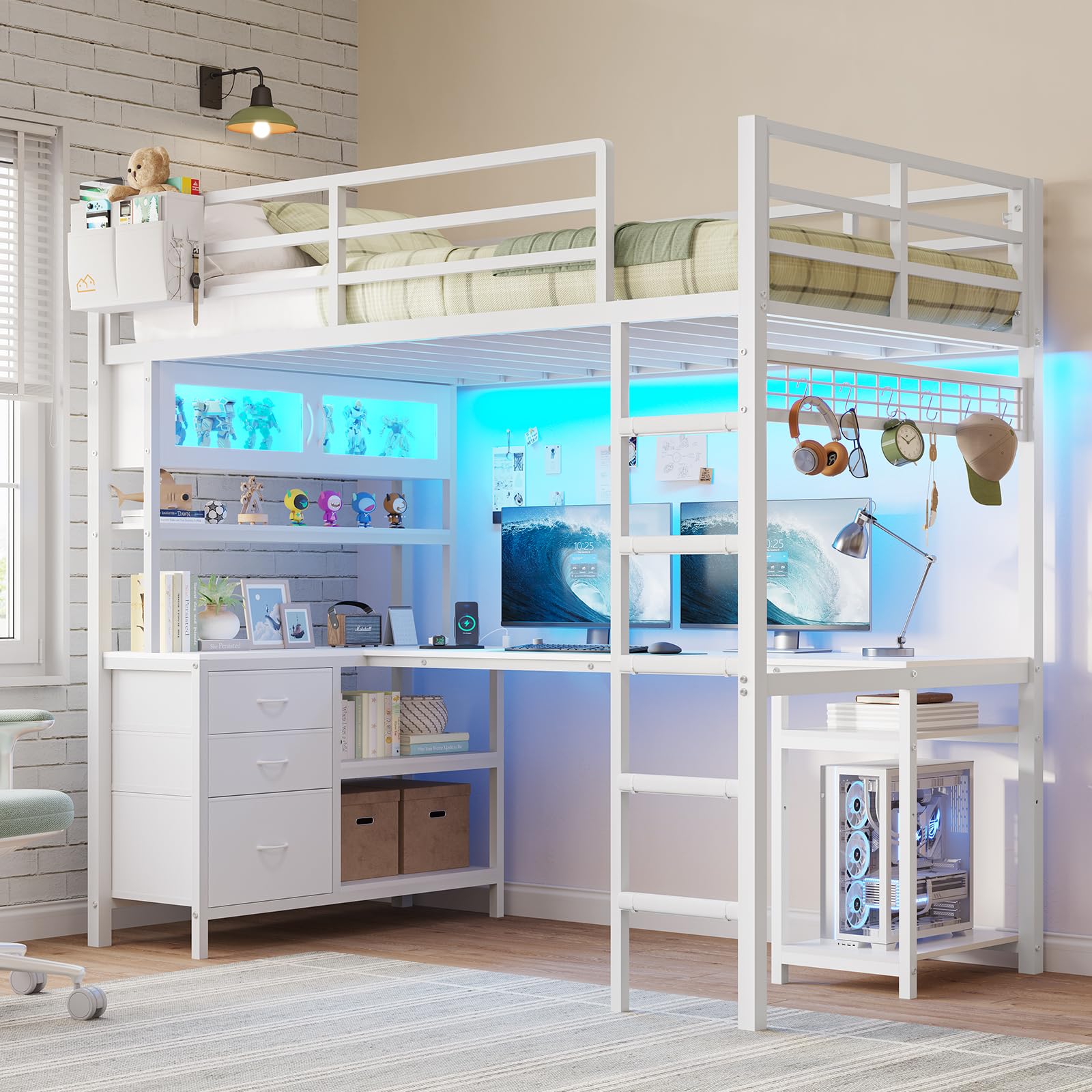 Photo 1 of ***PARTIAL SET*** Twin Size Loft Bed with L-Shaped Gaming Desk, Storage Drawers, Glass Cabinet & Hutch, Twin Loft Bed with Smart LED Lights & Power Outlets, Metal Bed Frame with Safety Guardrail & Ladder for Kids/Teens