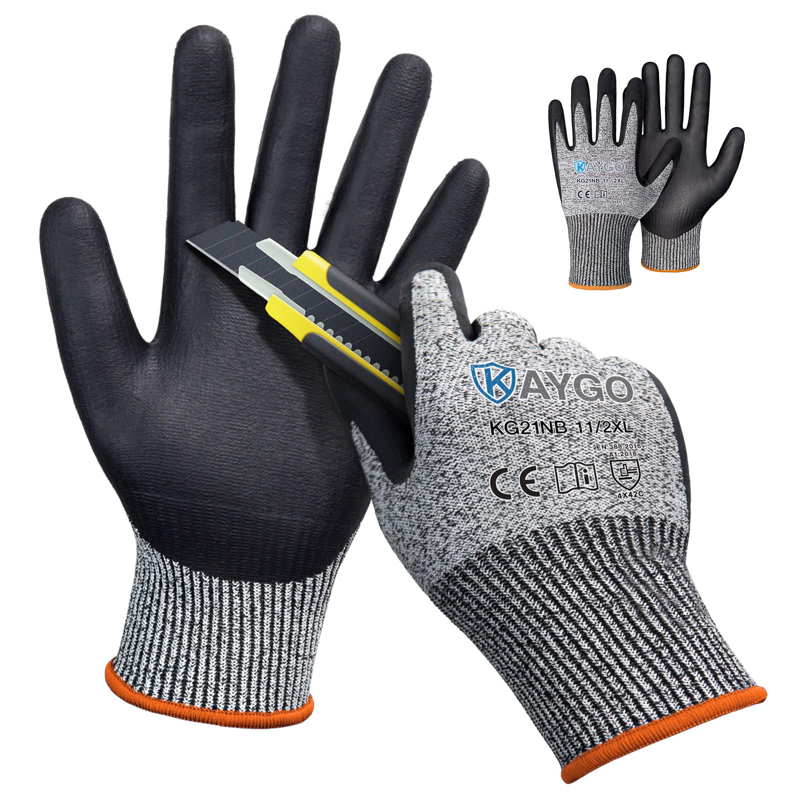 KAYGO Cut Resistant Work Gloves - 2 Pairs, Level C Protection, MicroFoam Nitrile Coated Good Grip Machine Washable, Cut Proof Safety Gloves EN388 4X42C, Ideal for General Purpose, KG21N (Grey, 2XL) — image 1