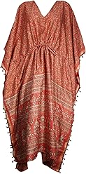 Womens Red Kaftan Kimono Maxi Dress Printed Sari Caftan Nightgown 2XL