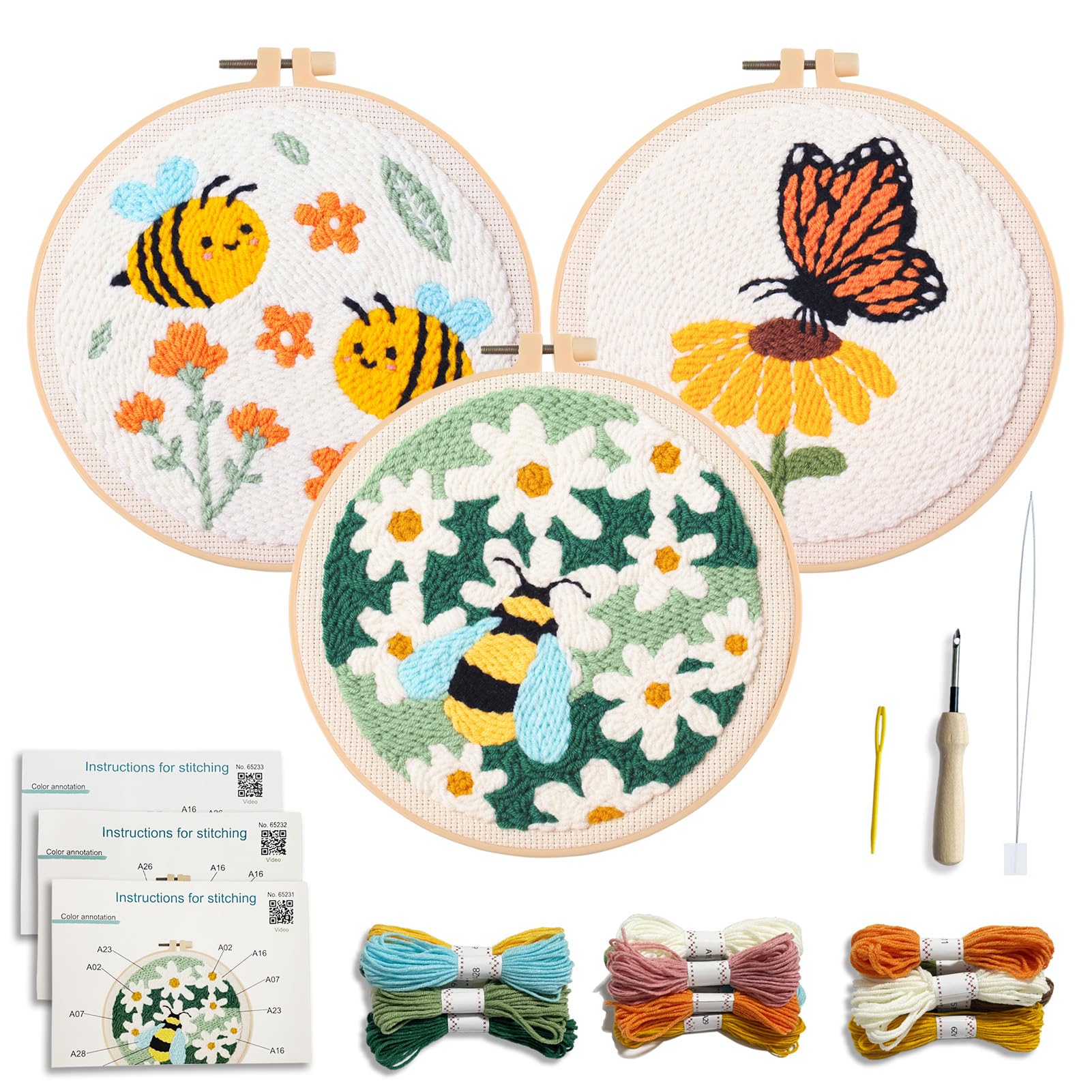 Myfelicity Punch Needle Embroidery Kits, Bee, Butterfly, and Floral Designs, Set of 3，Suitable for Beginners and Adults