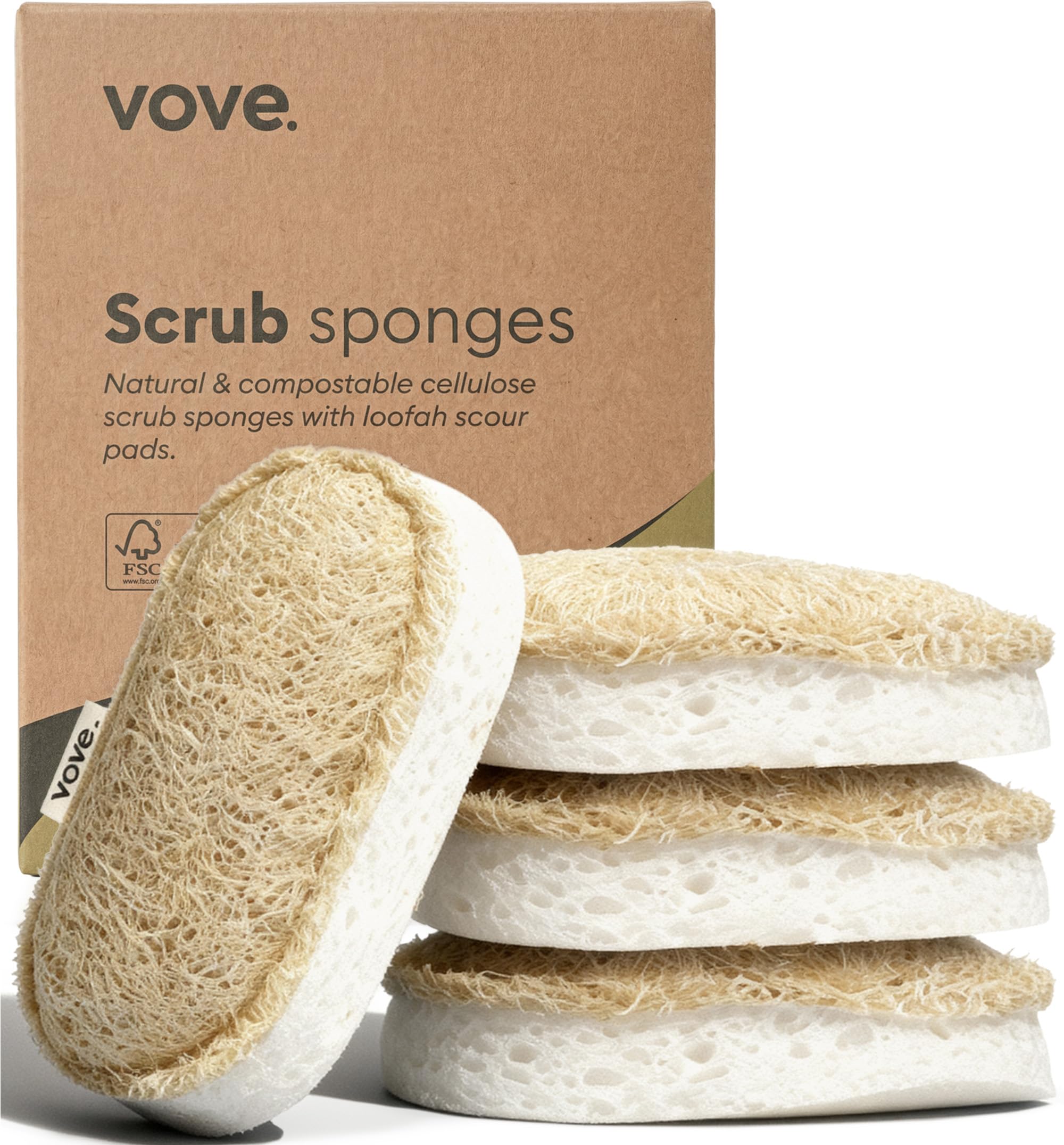 Vove Washing Up Sponges, Pack of 8 - Loofah & Cellulose Sponges with Cotton, Natural Eco-Friendly Kitchen Sponges & Scourers for Household Cleaning, FSC-Certified Packaging