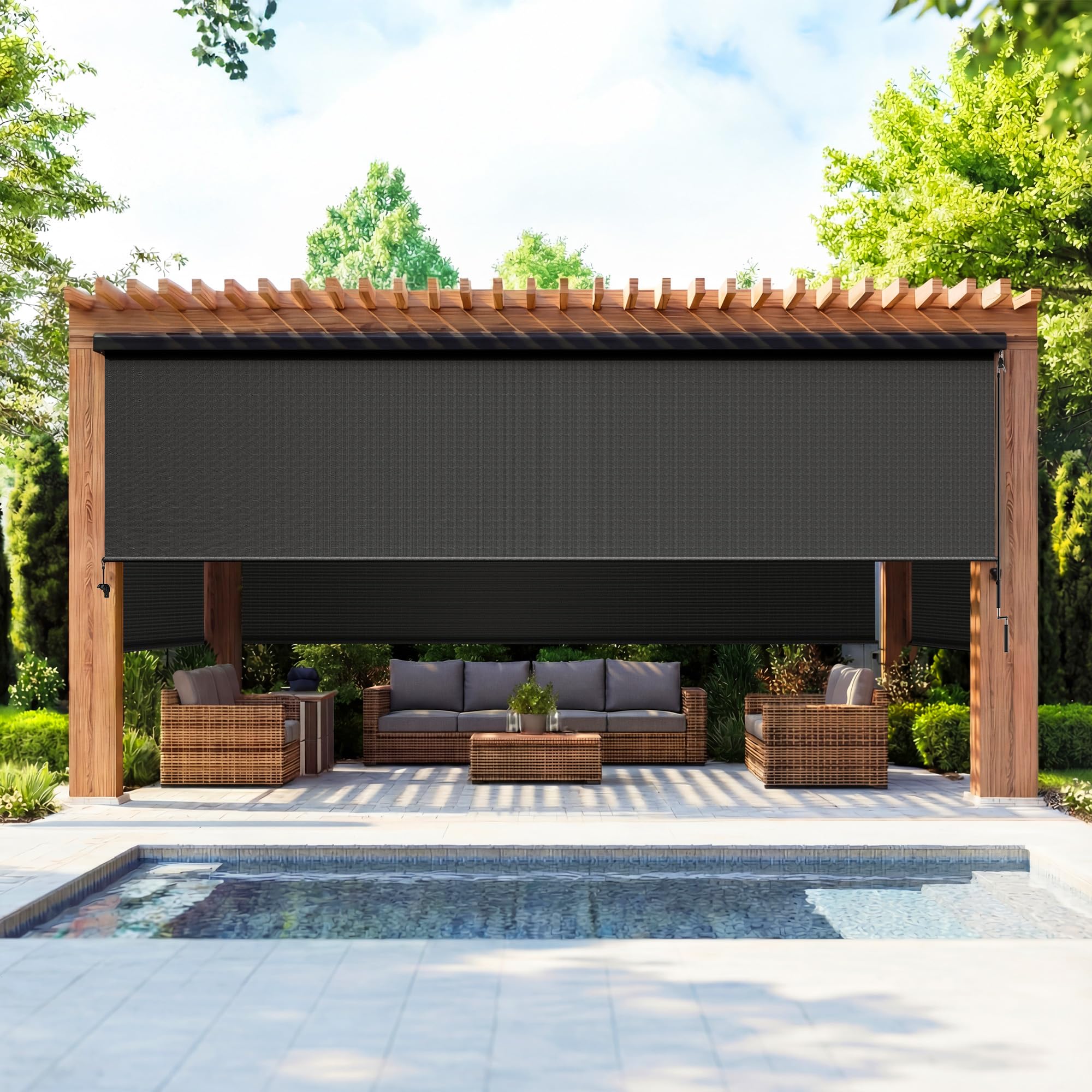 Photo 1 of ***missing brackets***Outdoor Roller Shade for Patio with Aluminum Valance, (10'W X 8'H) 420GSM New Material Patio Blinds with 95% UV Blockout, Outdoor Blinds with Crank Handle for Privacy Protection and Shading, Black