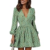 FAIABLE Mini Deep V Sexy Long Sleeve Dress for Women A-line High Waisted Casual Flowy Dress for Cocktail Wedding Guest