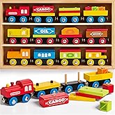 Montessori Wooden Train Toy Set for Kids, 12PCS Magnetic Train Cars with Storage Gift Box, STEM Educational Toy for Boys & Girls, Ages 2-8 Years, Easter Birthday Party Gift