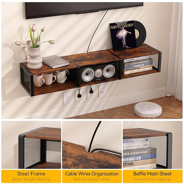 NANAGIFTREE 49″ FLOATING TV STAND, FLOATING TV STAND WALL MOUNTED, ENTERTAINMENT CENTER AND TV CONSOLE SHELF WITH OPEN STORAGE CABINET FOR LIVING ROOM, BEDROOM