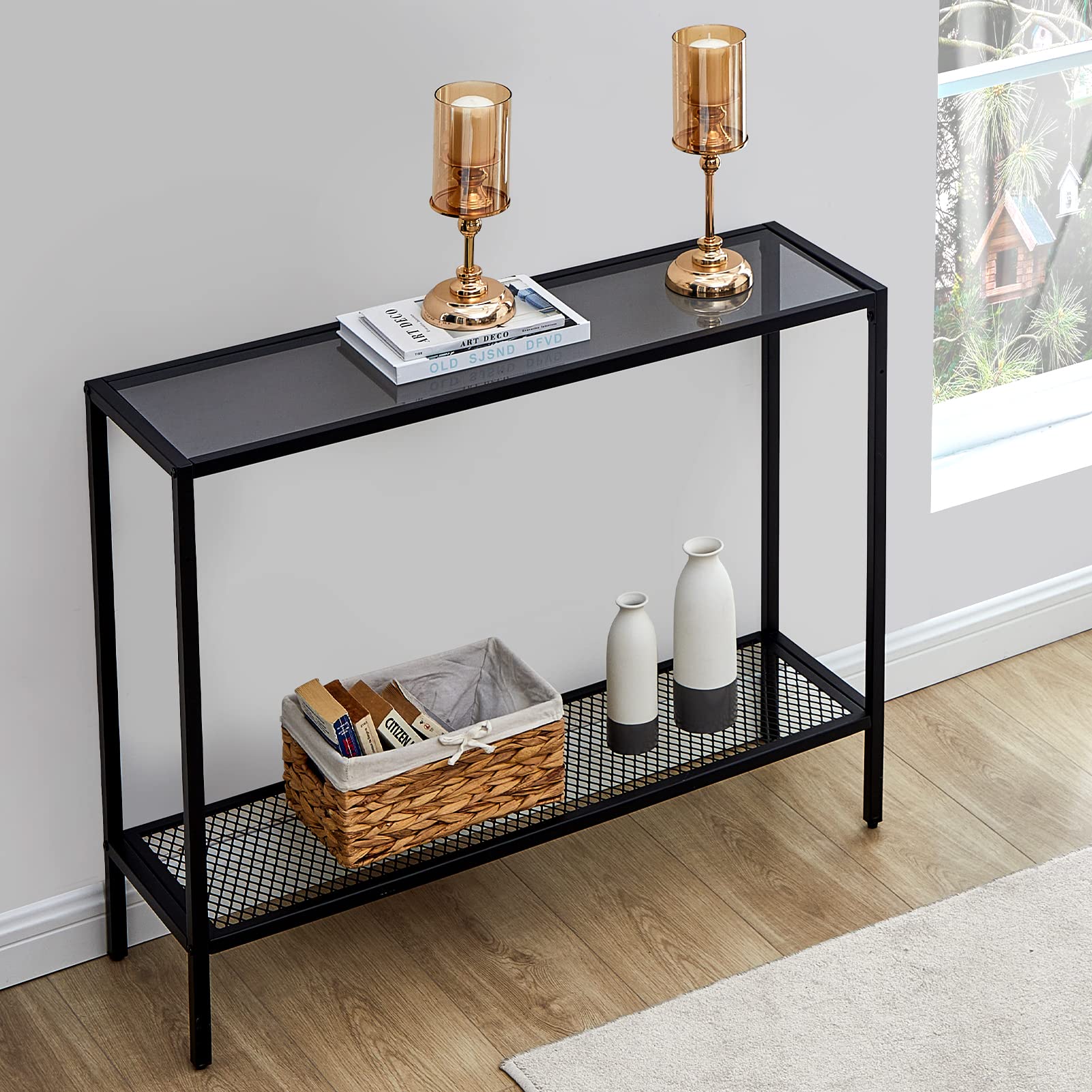 Photo 1 of SAYGOER Glass Console Table Small Entryway Table Narrow Sofa Table with Storage 2 Tier Accent Couch Table Hallway Table for Entry Way Living Bed Room Home Office Small Space, Gray Black