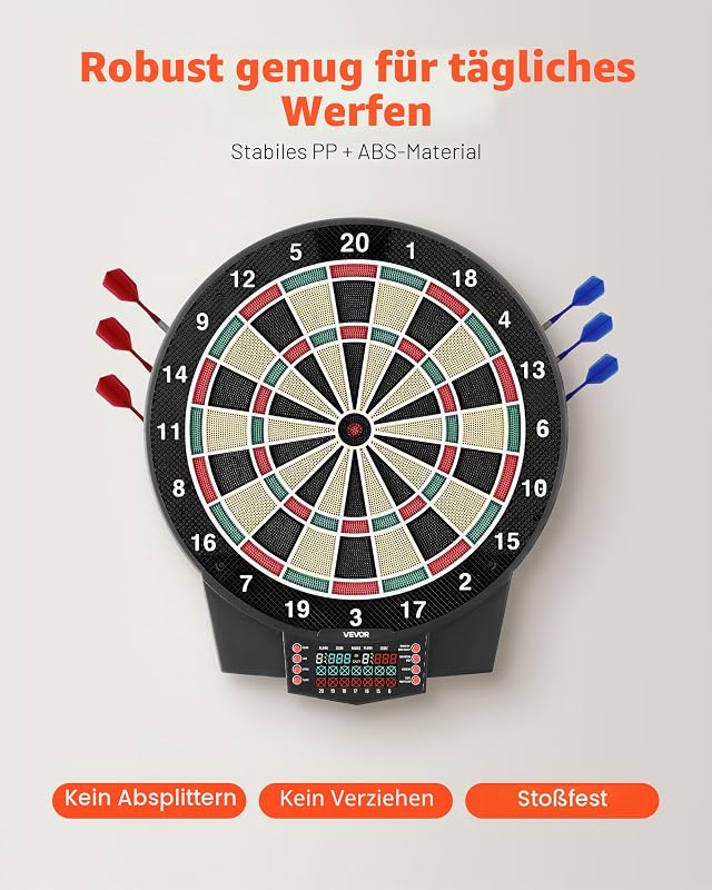 Elektronische Dartscheibe, 393 mm E-Dartsboard mit 43 Spielen & über 320 Variationen für bis zu 8 Spieler, 6 Darts mit Flights & 50 Ersatz-Dartspitzen, Farb-LCD-Punkteanzeige