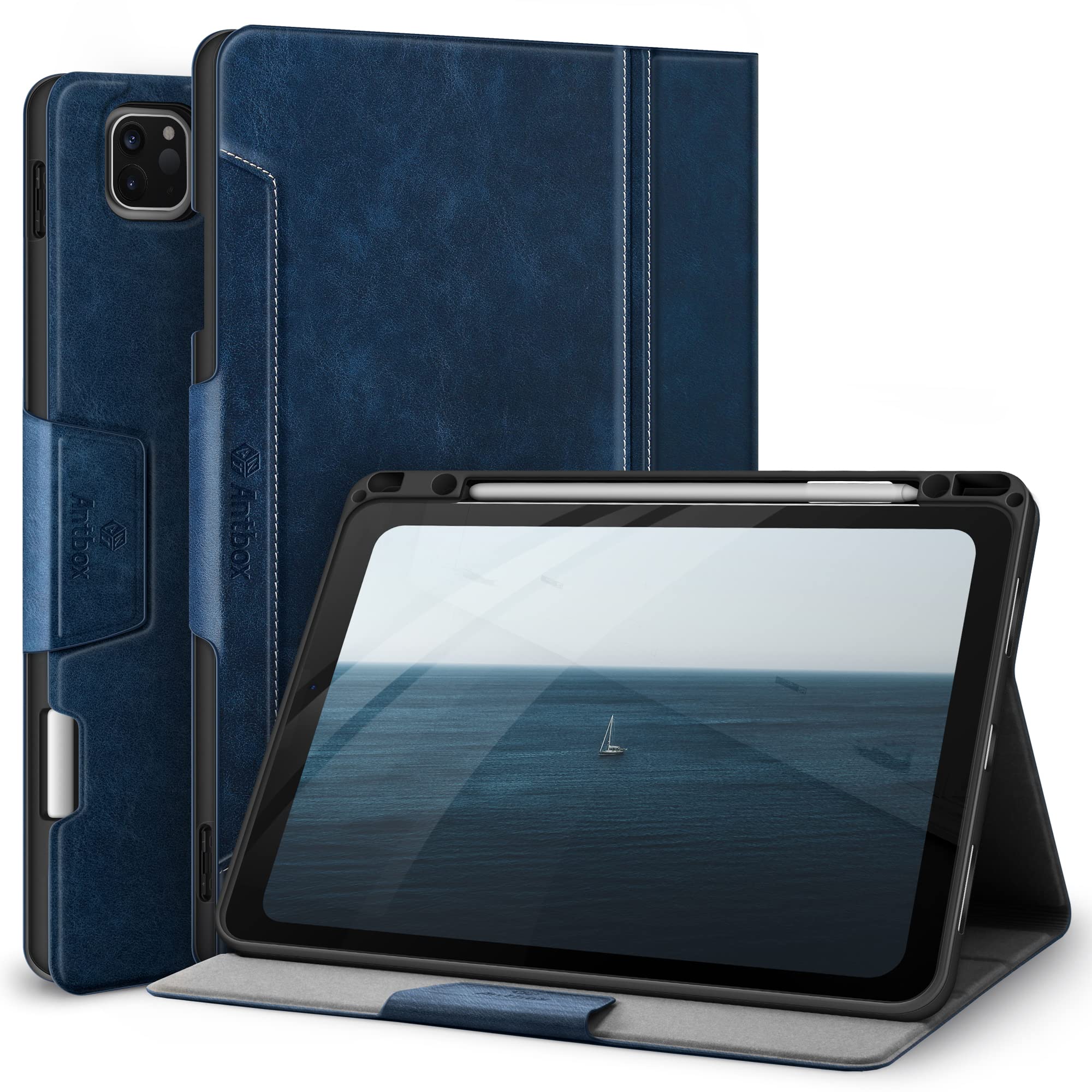 Photo 1 of Antbox Case for iPad Pro 12.9'' 6th Generation (2022) 5th/4th/3rd Generation (2021/2020/2018), Built-in Pencil Holder Auto Sleep/Wake Function PU Leather Smart Cover (Blue)