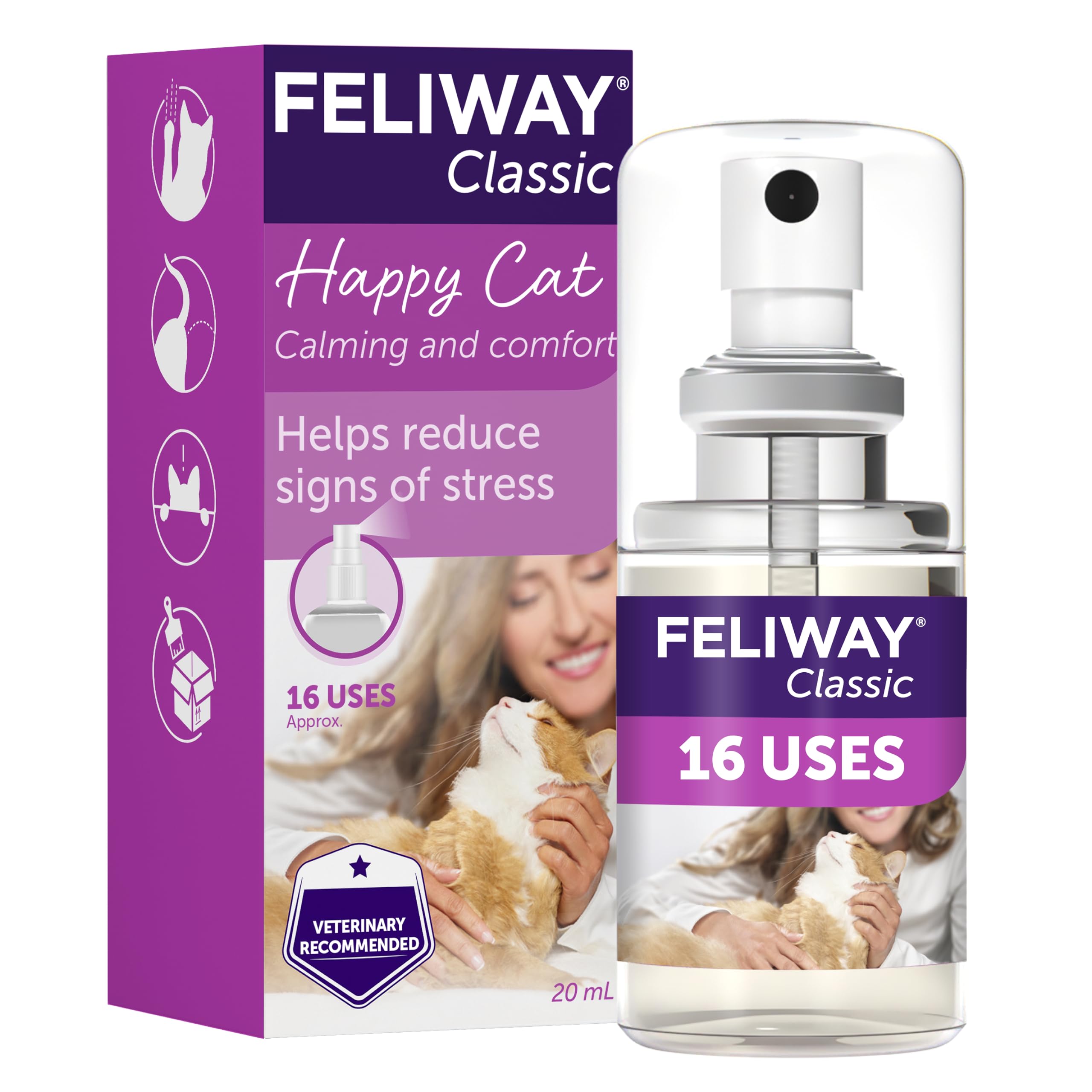 FELIWAY Classic Cat Calming Odourless Spray, 20ml - Comforts Cats at Home and On the Go and Reduces Stress During Travel, Veterinary Recommended, Drug-free, Clinically Proven