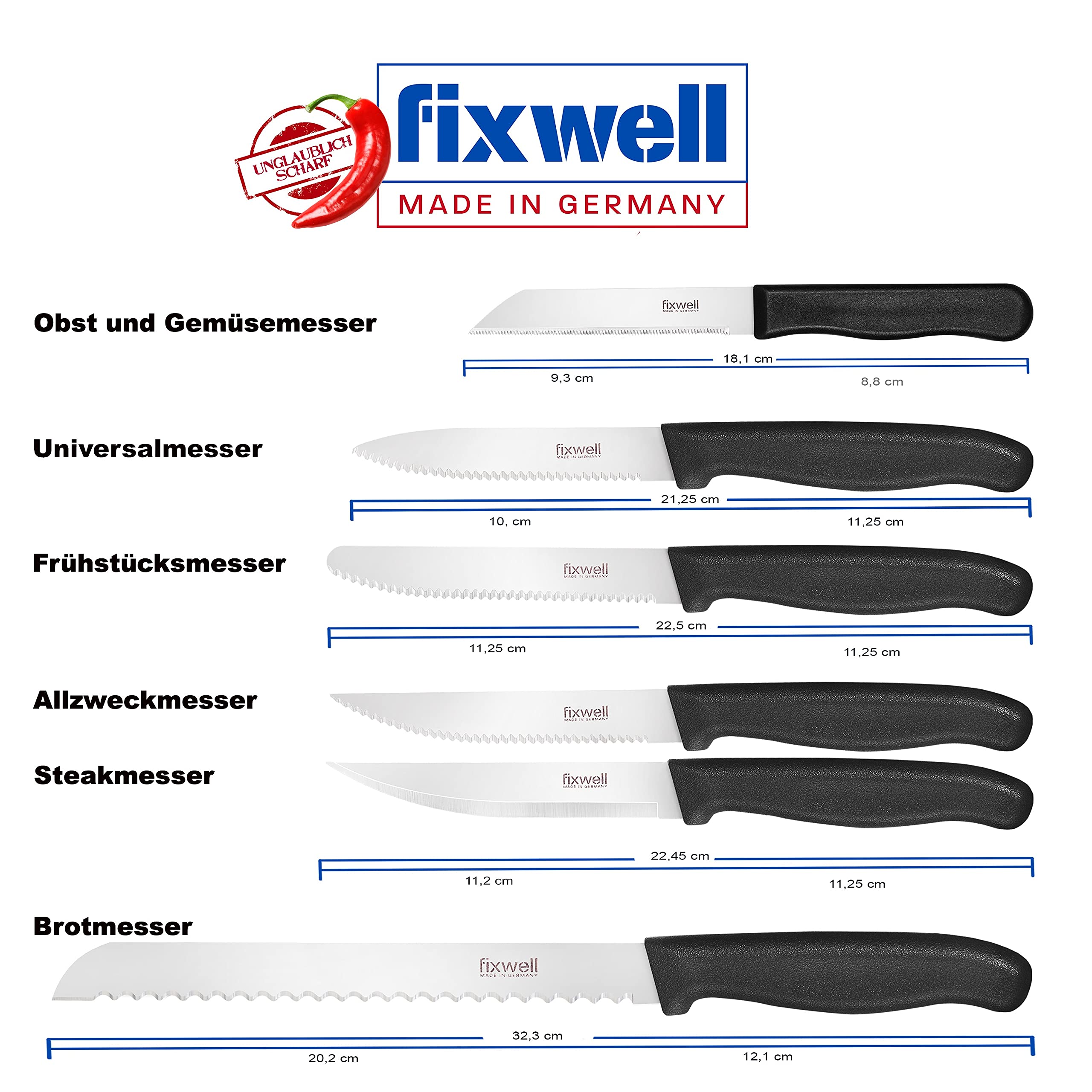 Fixwell® Steakmesser, schwarz I sehr scharfes Fleisch-Messer, ideal für den Esstisch und Grillfleisch – sehr langlebig, rostfrei | spülmaschinenfest & lebensmittelecht | 100% Made in Germany seit 1955 6