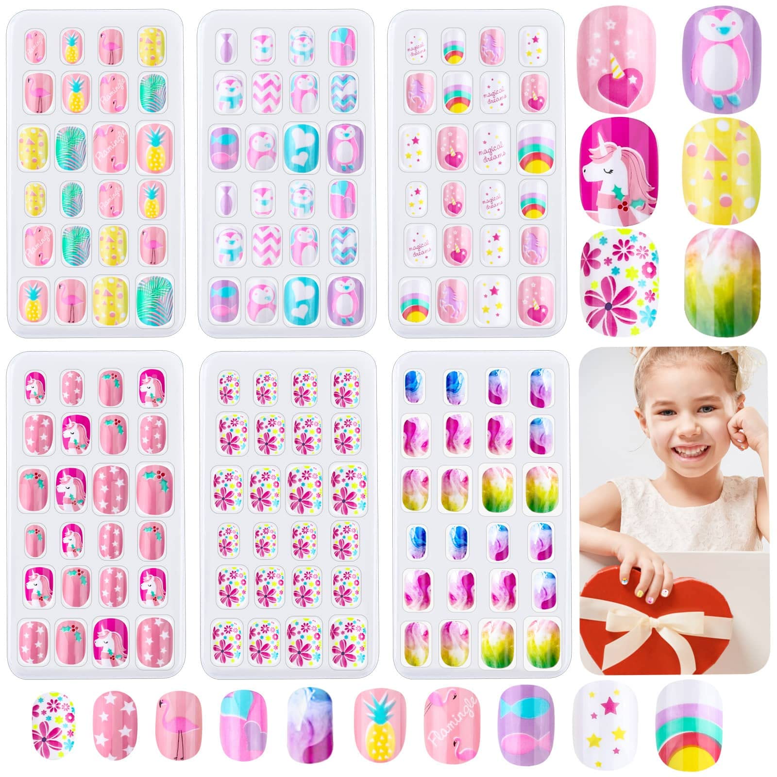 144 Pieces Press on Nails Grils, Thrilez Children Fake Artificial False Nail Tips Pre Glue Full Cover Short Acrylic Nails for Girls Kids Nail Art Decoration (Rainbow Sky)