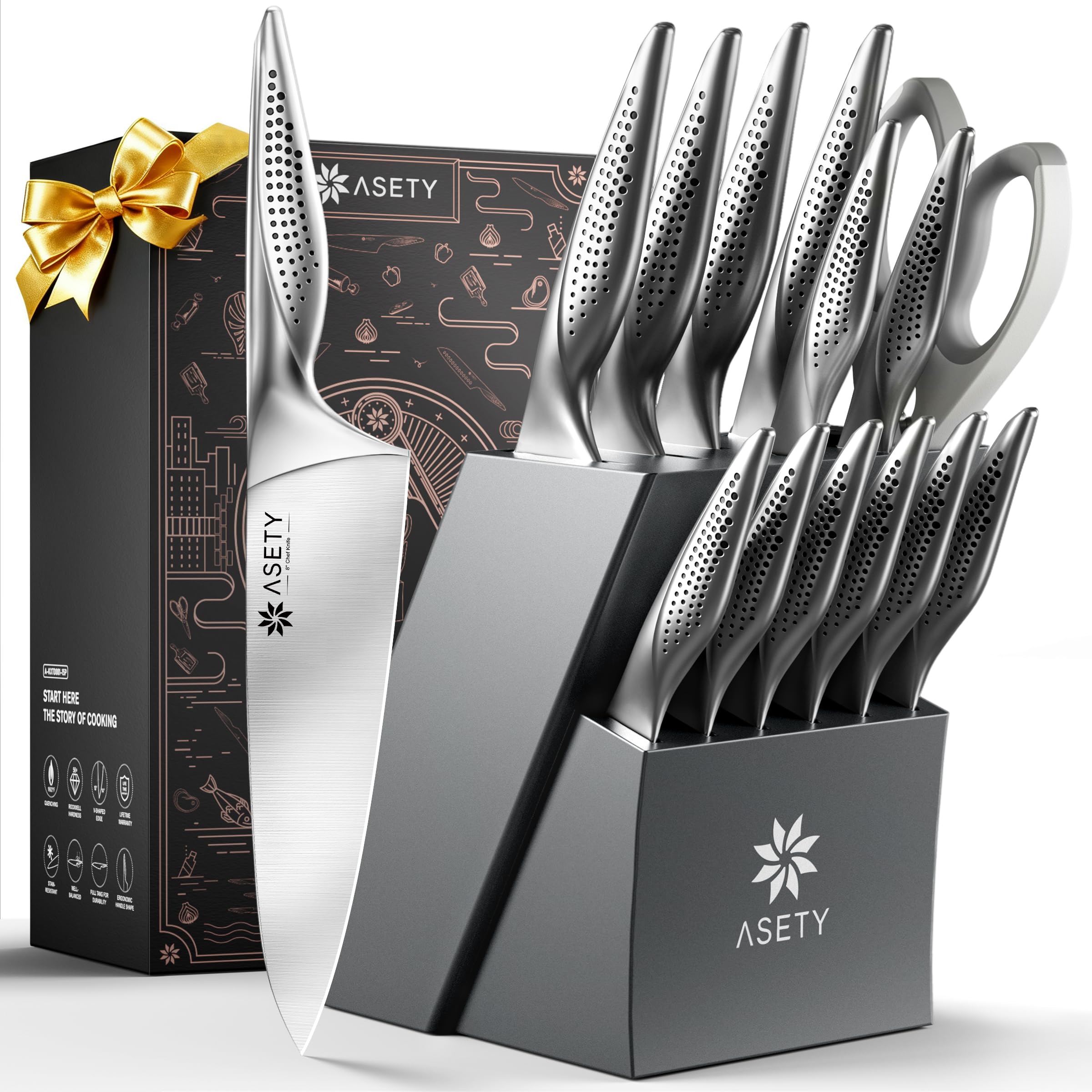 Knife Set - Ultra Sharp Knives Set for Kitchen with block, 15 PCS Stainless Steel Knife Set with Built-in Sharpener, Ergonomic Non-Slip Handle, Christmas Elegant Box for Men Women, Steel Gary Image