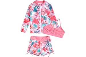 Funnycokid Girls Swimsuit 3 Pieces Zip Rash Guard Set Bikini Bathing Suits Boyshort Summer Kids Swimwear 3-10 Years