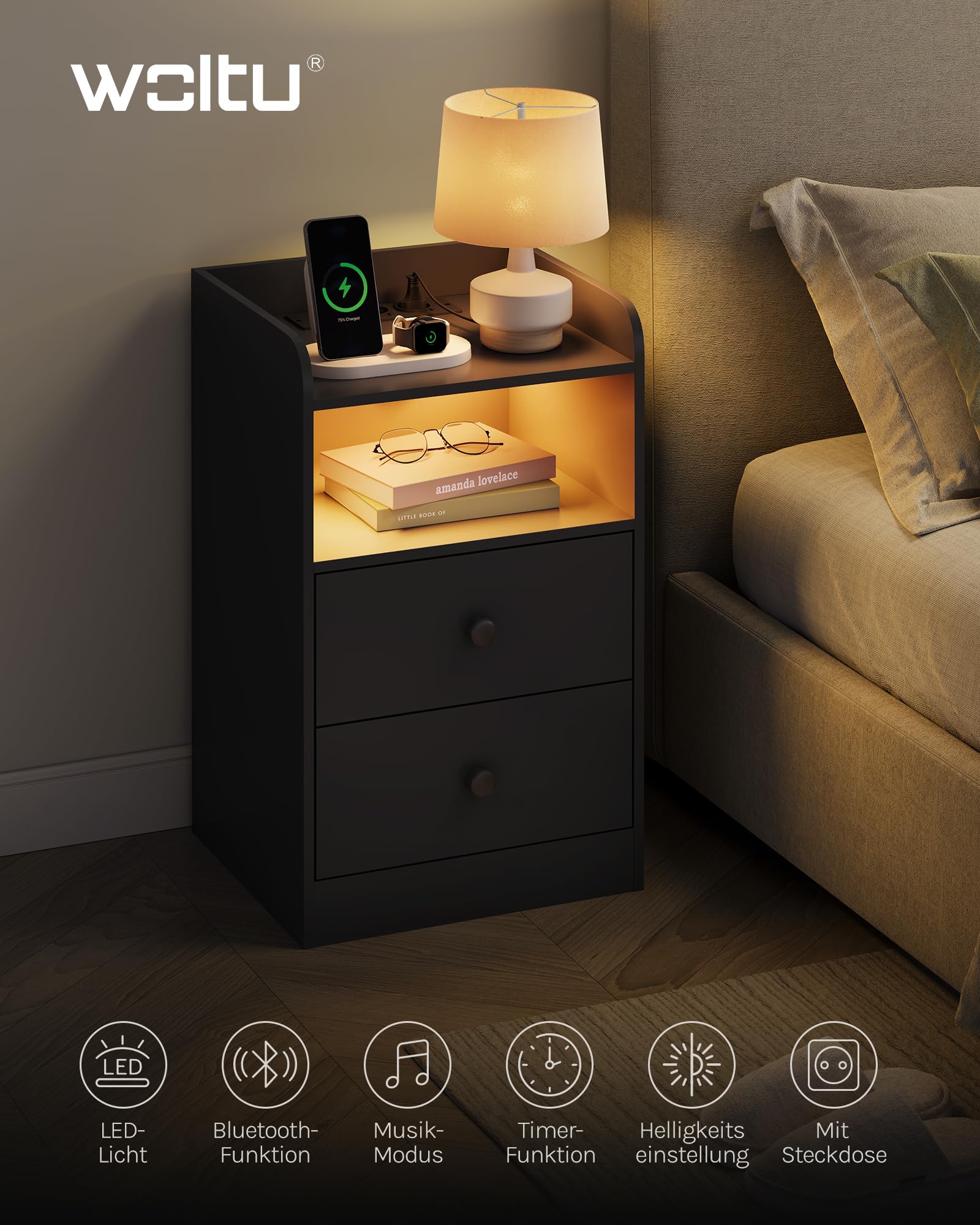 WOLTU Nachttisch 2er Set, mit Steckdose, Nachtschrank mit LED-Beleuchtung, schwarz, 2 Schubladen und 1 offenem Fach, 40 x 35 x 64 cm, geeignet für Schlafzimmer, Wohnzimmer, moderner Stil, NTS07sz-2 3