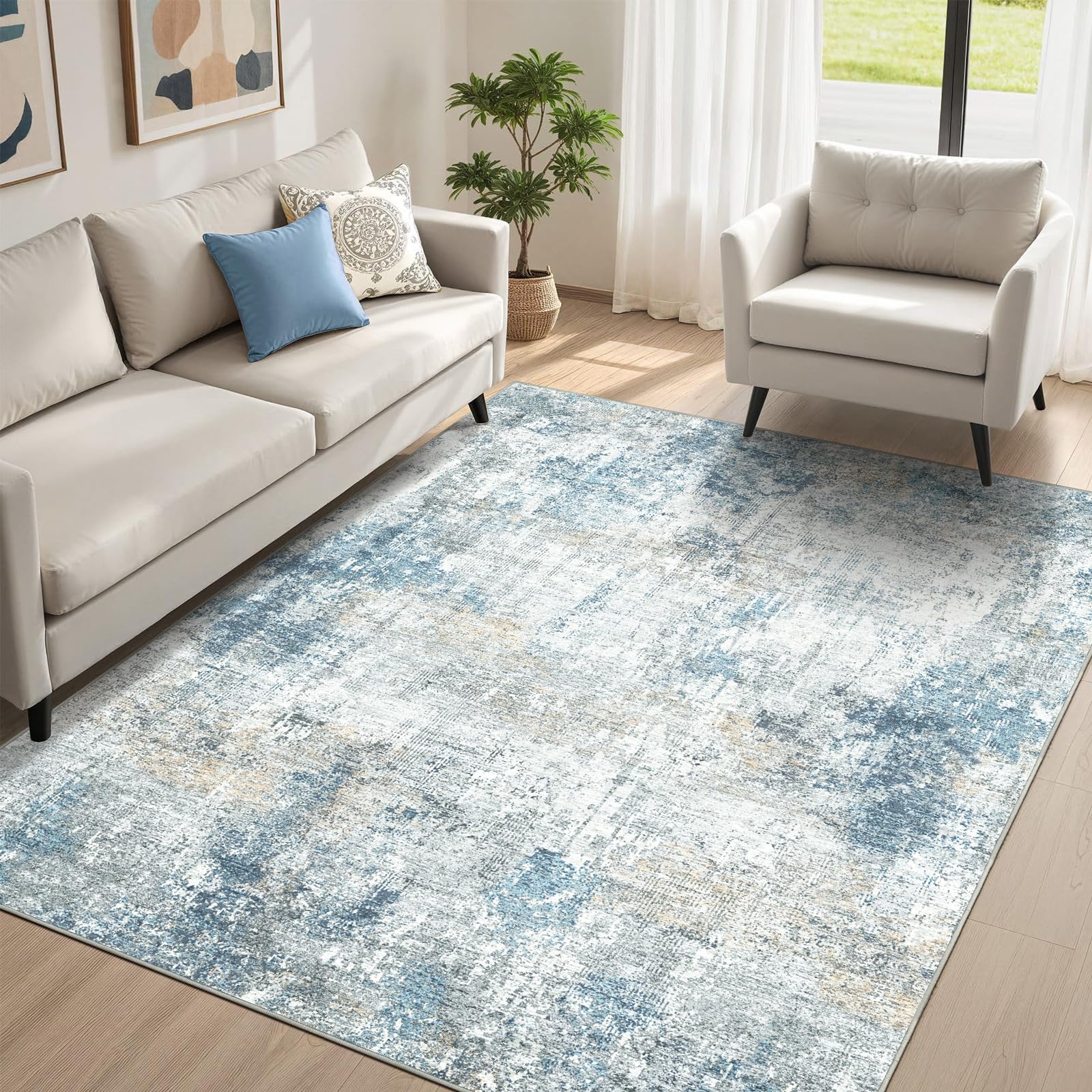 Photo 1 of YINGSHANRED 5' x 7' Abstract Living Room Rugs Washable Area Rug - Non Slip Soft Low Pile Rug, Modern Boho Design Spill-Resistant Stain-Proof Carpet Rugs for Living Room, Bedroom, Office, Nursery Blue