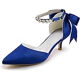 Coutgo Womens Pearl Ankle Strap Pumps Low Kitten Heel D'Orsay Satin Back Tieknot Heels Pointed Toe Wedding Party Dress Shoes