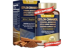Totaria 18-in-1 Organic Ceylon Cinnamon Capsules with Berberine, Ceylon Cinnamon Supplement w/Apple Cider Vinegar Turmeric Bitter Melon Milk Thistle, for Metabolism, Energy, Heart*, 120 Counts