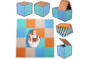Coolcandy Foam Play Mat(16 Pcs/Set), Multi-Colored Play Mat for Baby, EVA Non-Toxic Interlocking Foam Puzzle Floor Mats, 0.4" Thick Square Kids Playmat for 47 * 47" Playpen(Beige/Orange/Green/Blue)