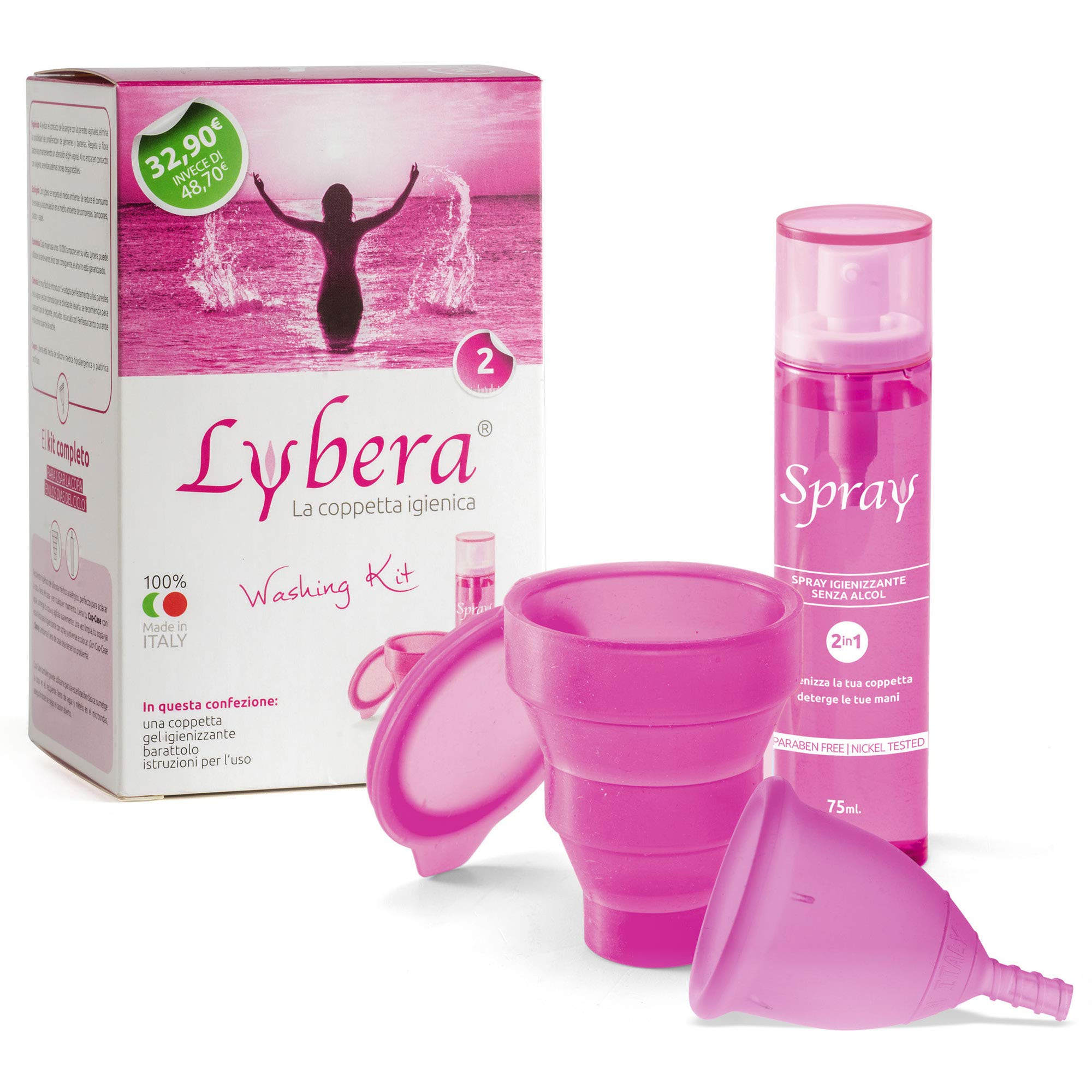 Lybera Menstrual Cup with Hygienic Kit, Made in Italy, Soft Menstrual Cup, Safe, Medical Silicone, Eco-Friendly, Comfortable, Available in 2 Sizes - Size 2, Fuchsia