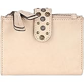 VILENCA HOLLAND 4.75 Inch Genuine Italian Leather Boho Studded Bifold Wallet – Zipper Coin Purse & Credit Card Holder for Women (Beige)